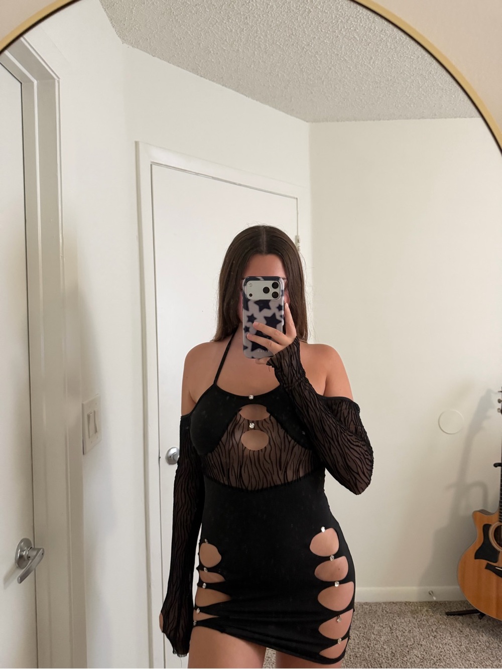Black Cutout Mini Dress with Sheer Long Sleeves